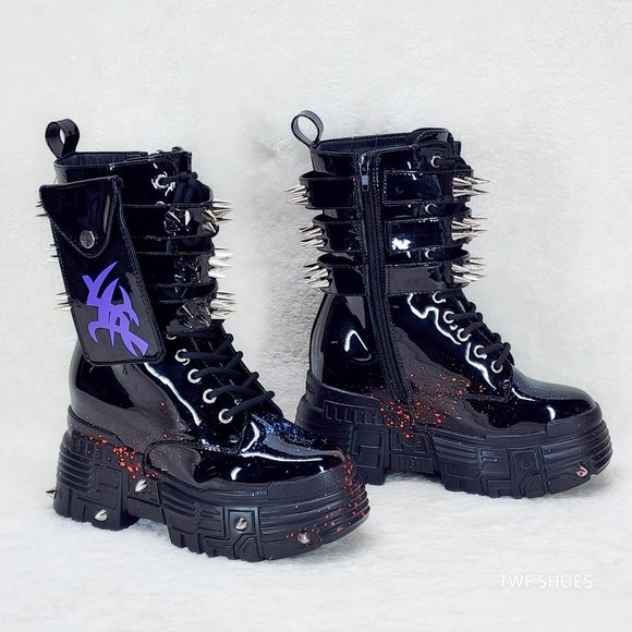 Anthony Wang Blackest Night Patent Spatter Cyber Punk Goth Platform Boots - Picture 1 of 9